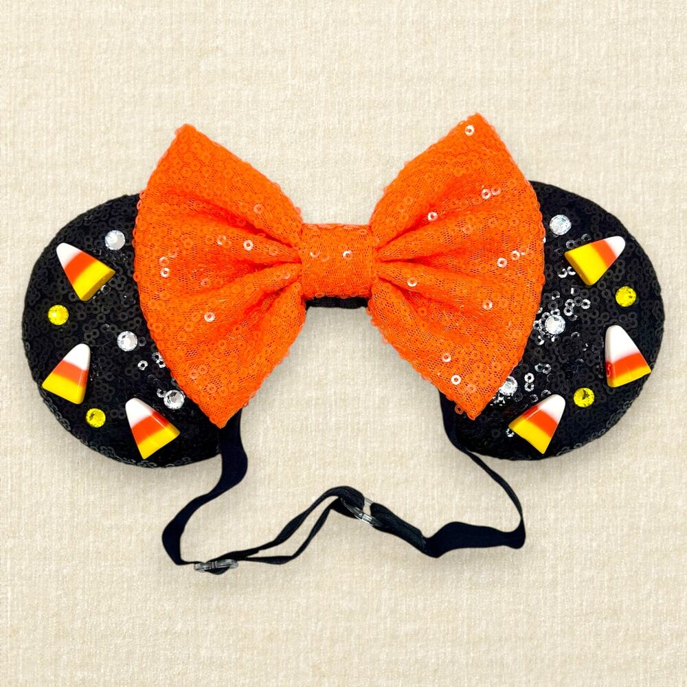Elastic Black Sequin Candy Corn Minnie Ears | Disney-Inspired Mouse Ears